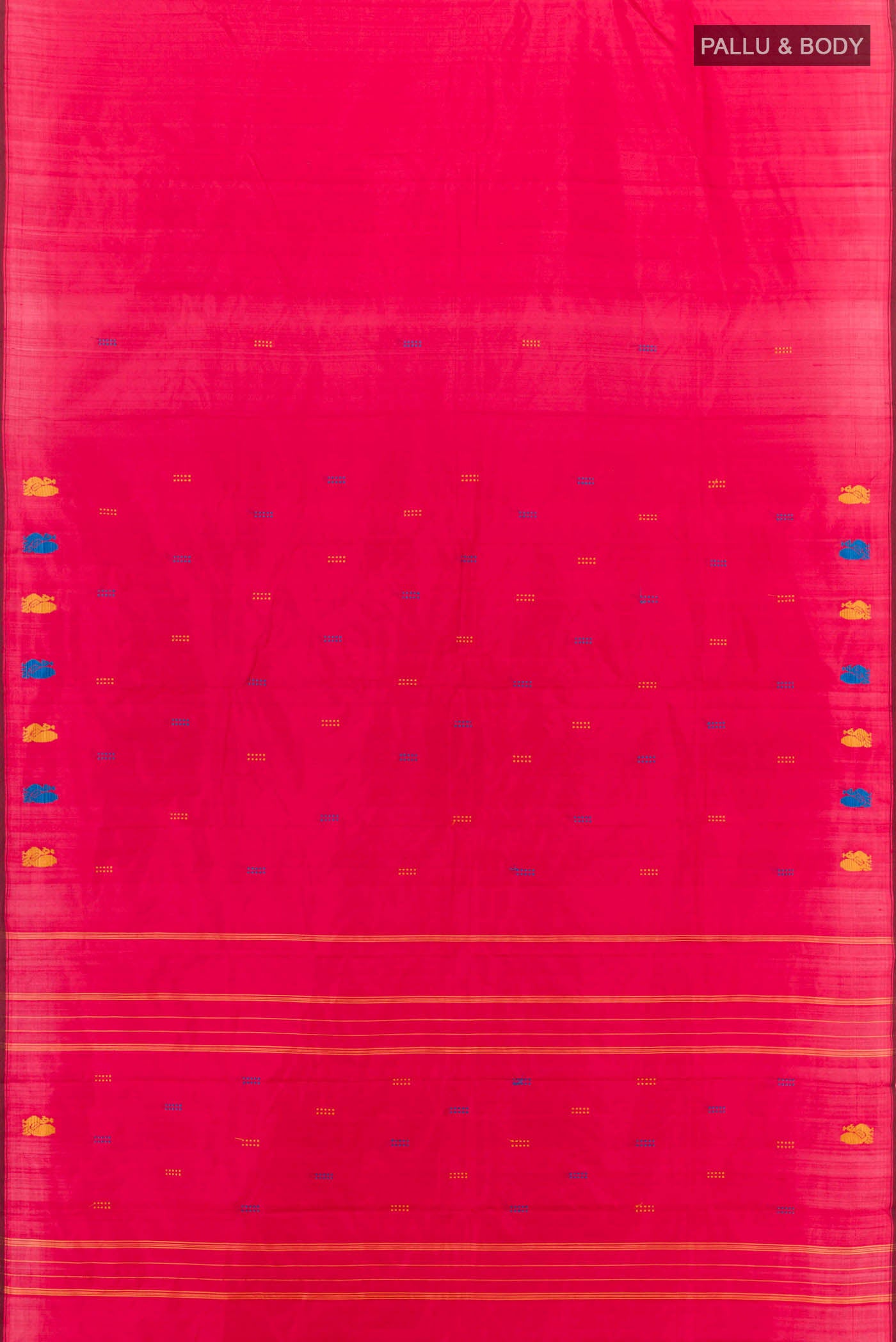 Flat view of Red Kanchipuram Silk Saree with Thread Butta on the body and Thread Border