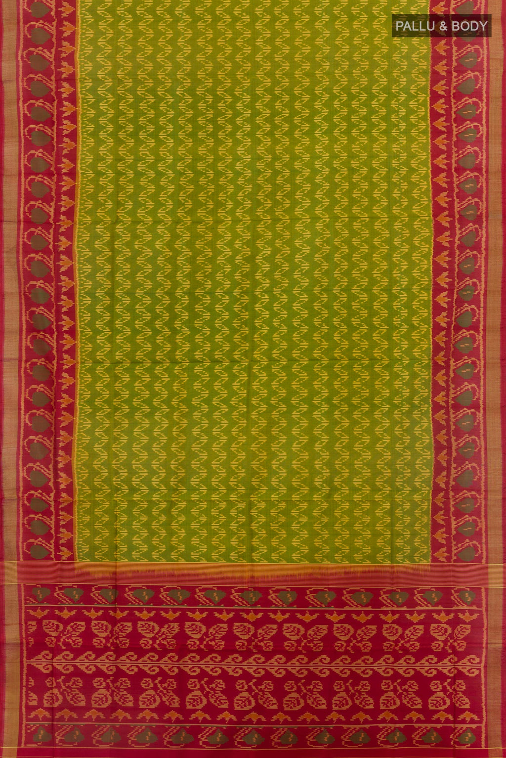 Flat view of Green Rajkot Patola Silk Saree with Pure Ikat on the body and Ikat Border. 