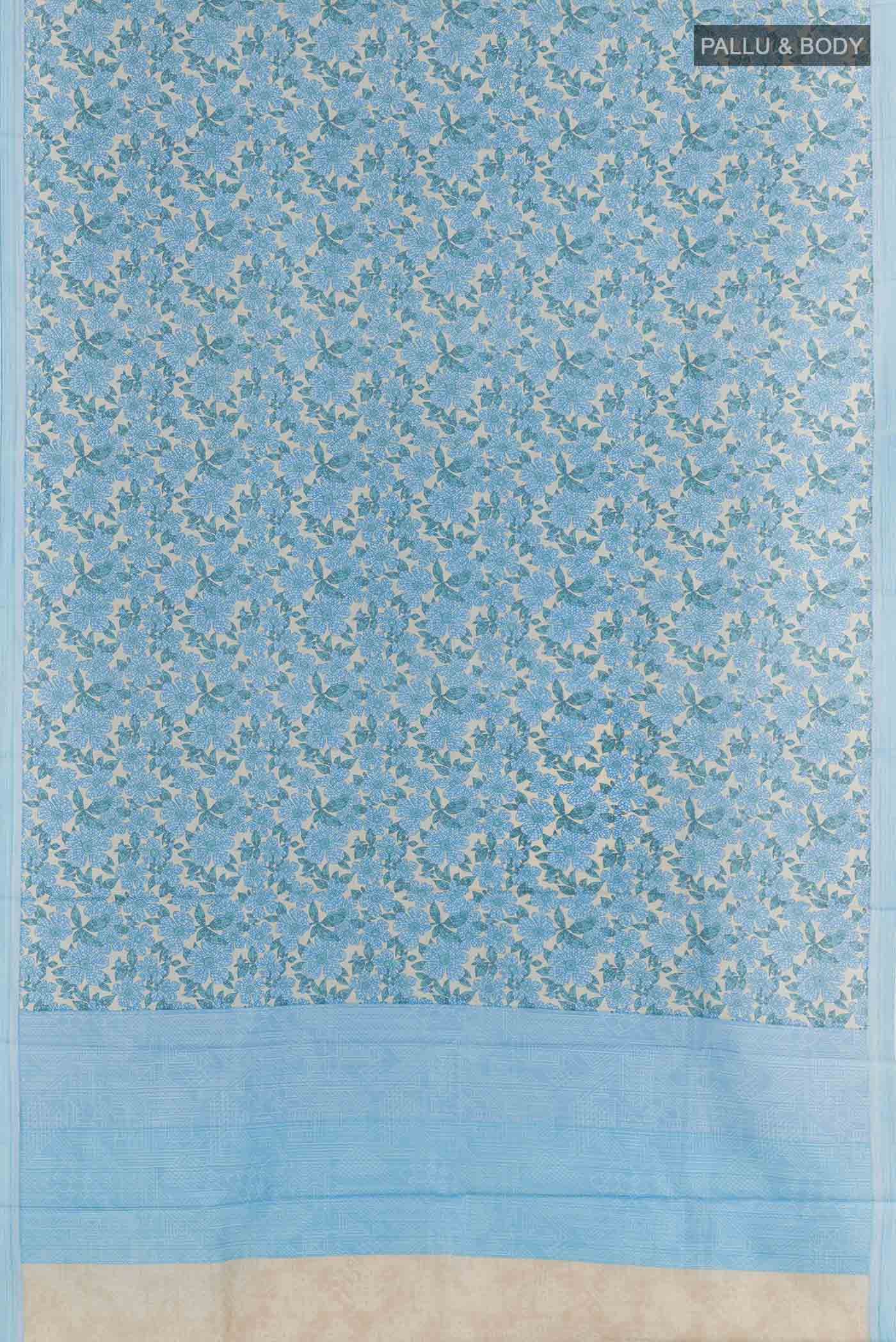 Flat view of Blue Printed Silk Saree with Printed design on the body and Printed Border. 