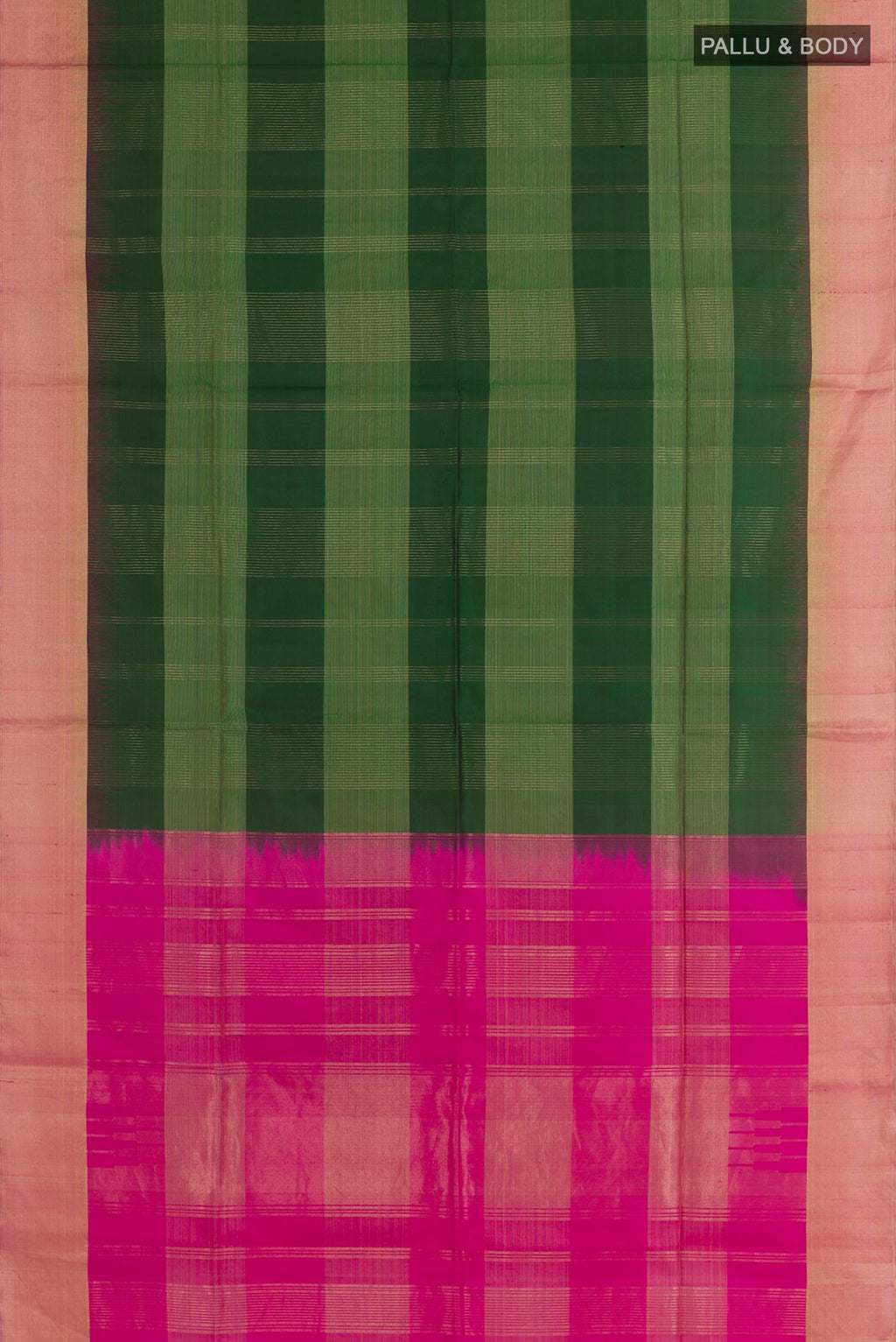 Flat view of Bottle Green Soft Silk Saree with Zari Butta on the body and Zari Border. 