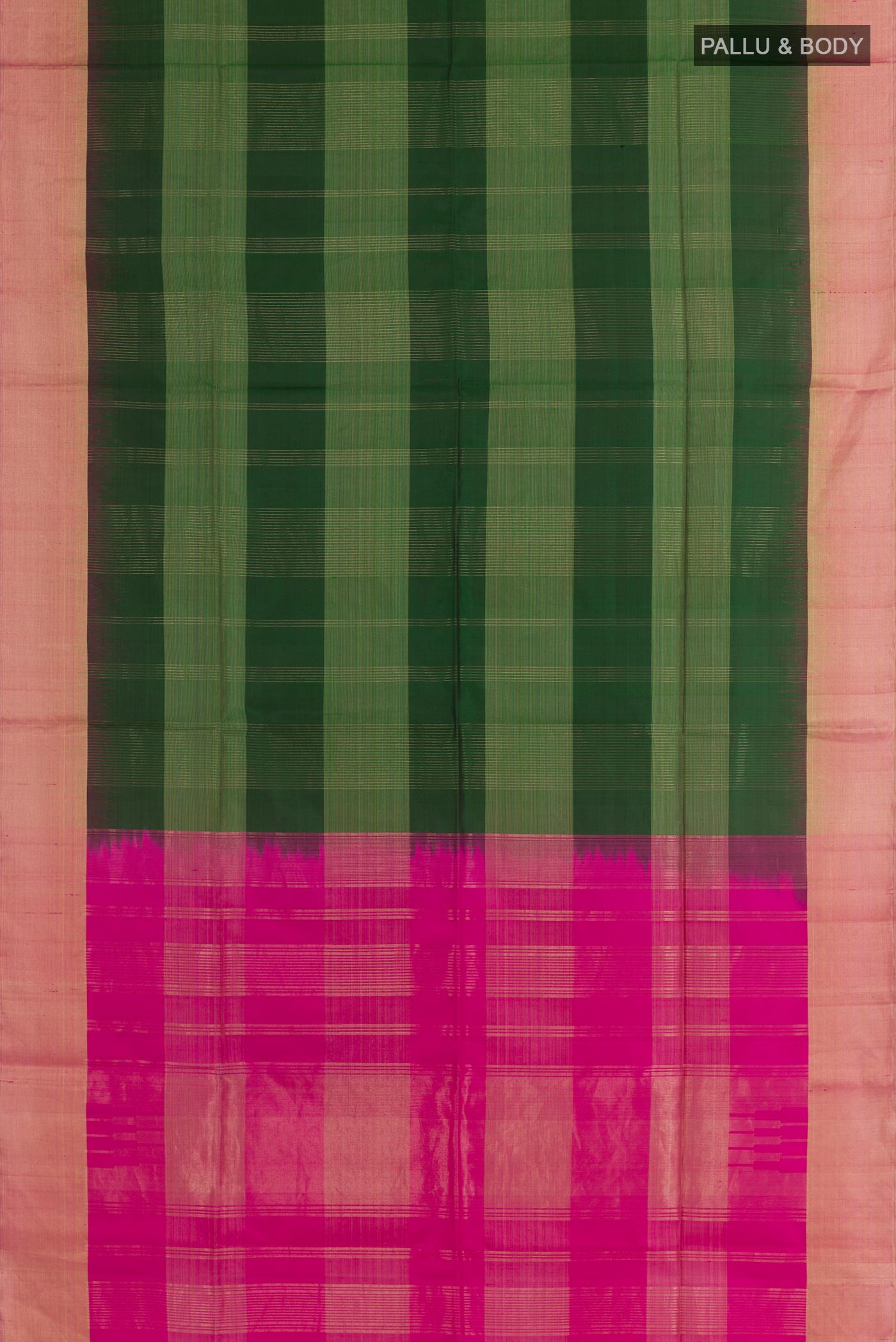 Flat view of Bottle Green Soft Silk Saree with Zari Butta on the body and Zari Border. 