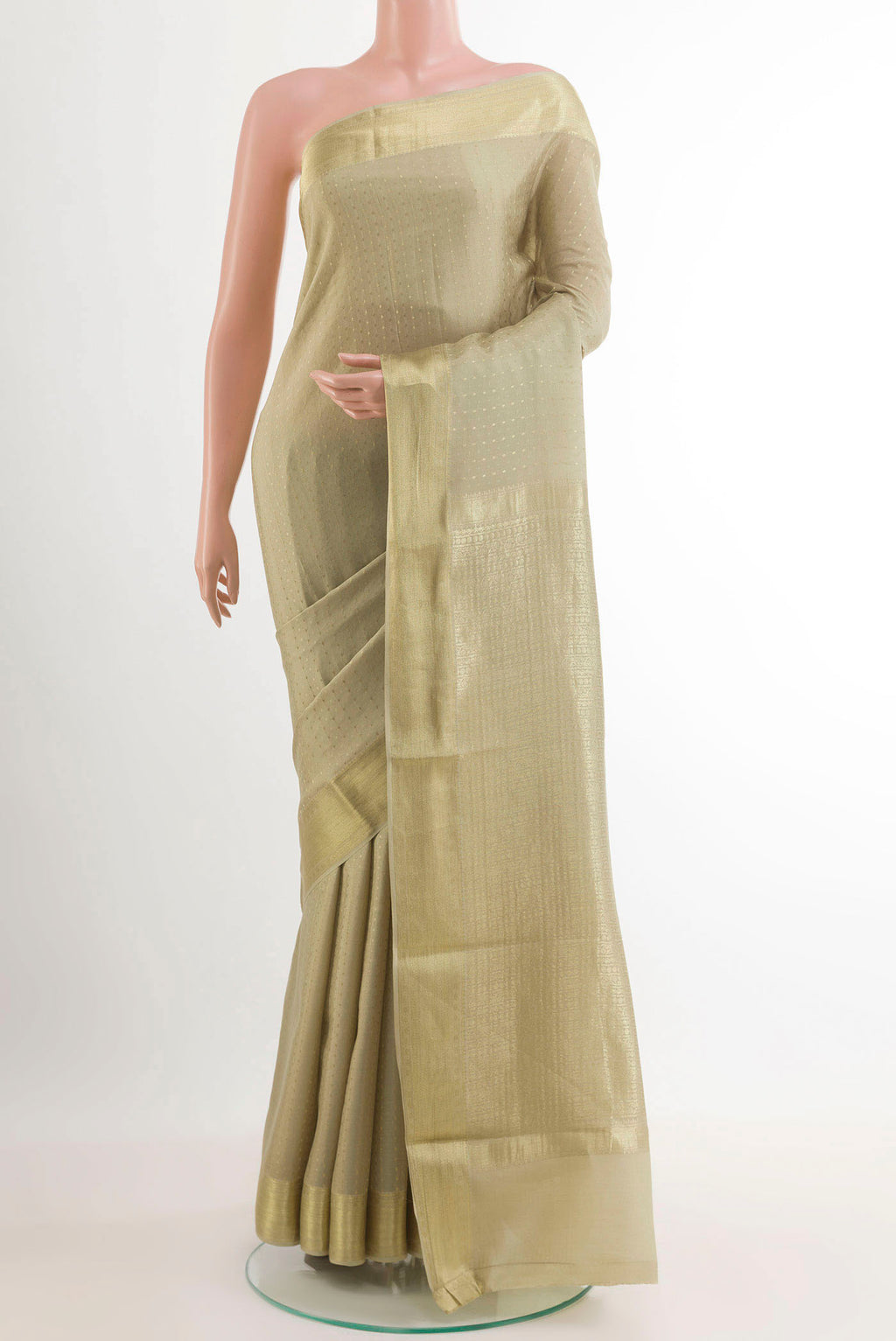 Beige Mysore Crepe Saree with Zari Brocade on the body and Zari Border.  displayed on a mannequin