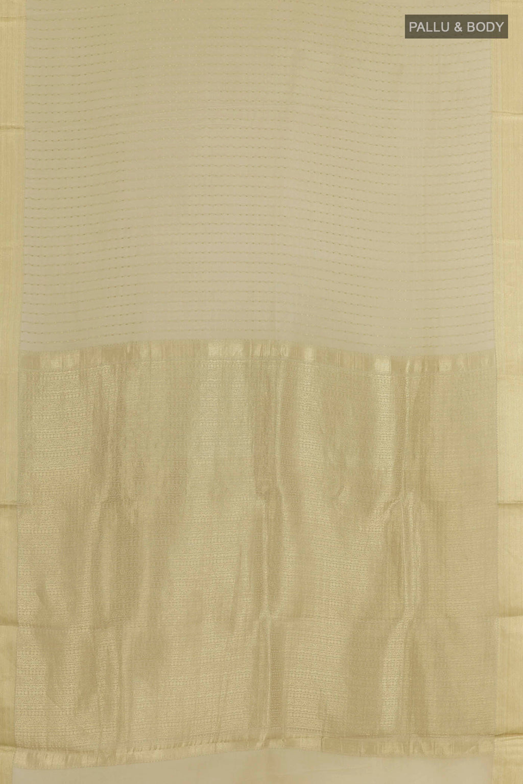 Flat view of Beige Mysore Crepe Saree with Zari Brocade on the body and Zari Border. 