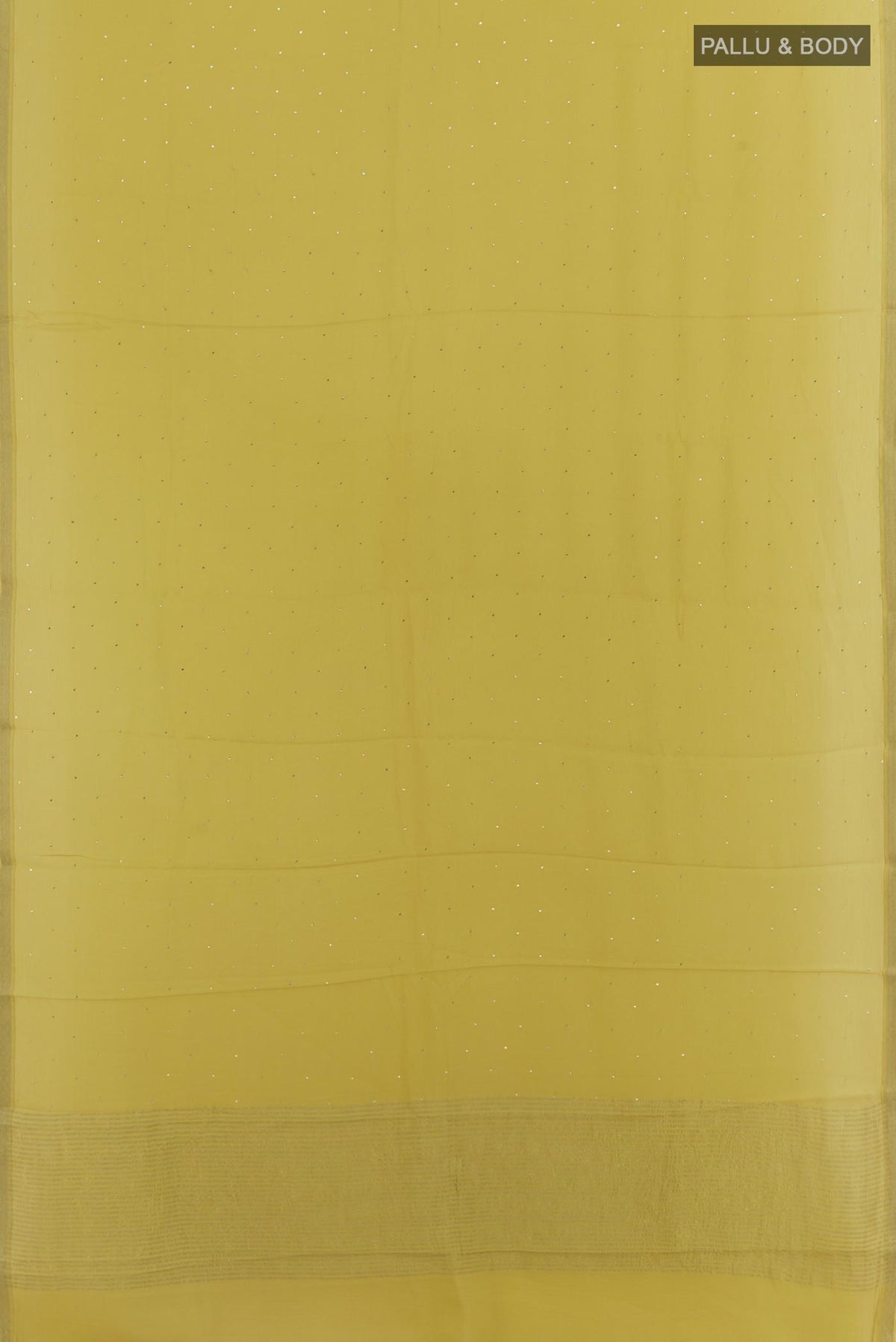 Flat view of Yellow Mysore Chiffon Saree with Embroidery on the body and Zari Border. 