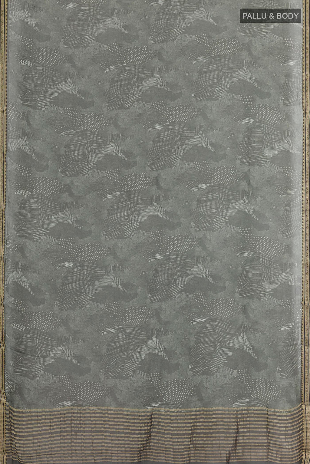 Flat view of Grey Chiffon Saree with Printed design on the body and Zari Border. 