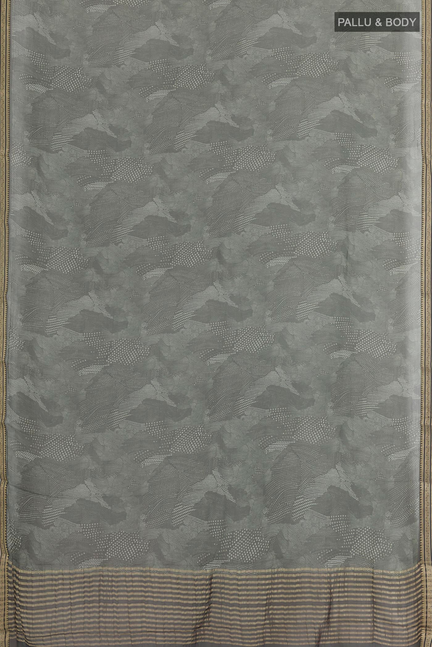 Flat view of Grey Chiffon Saree with Printed design on the body and Zari Border. 