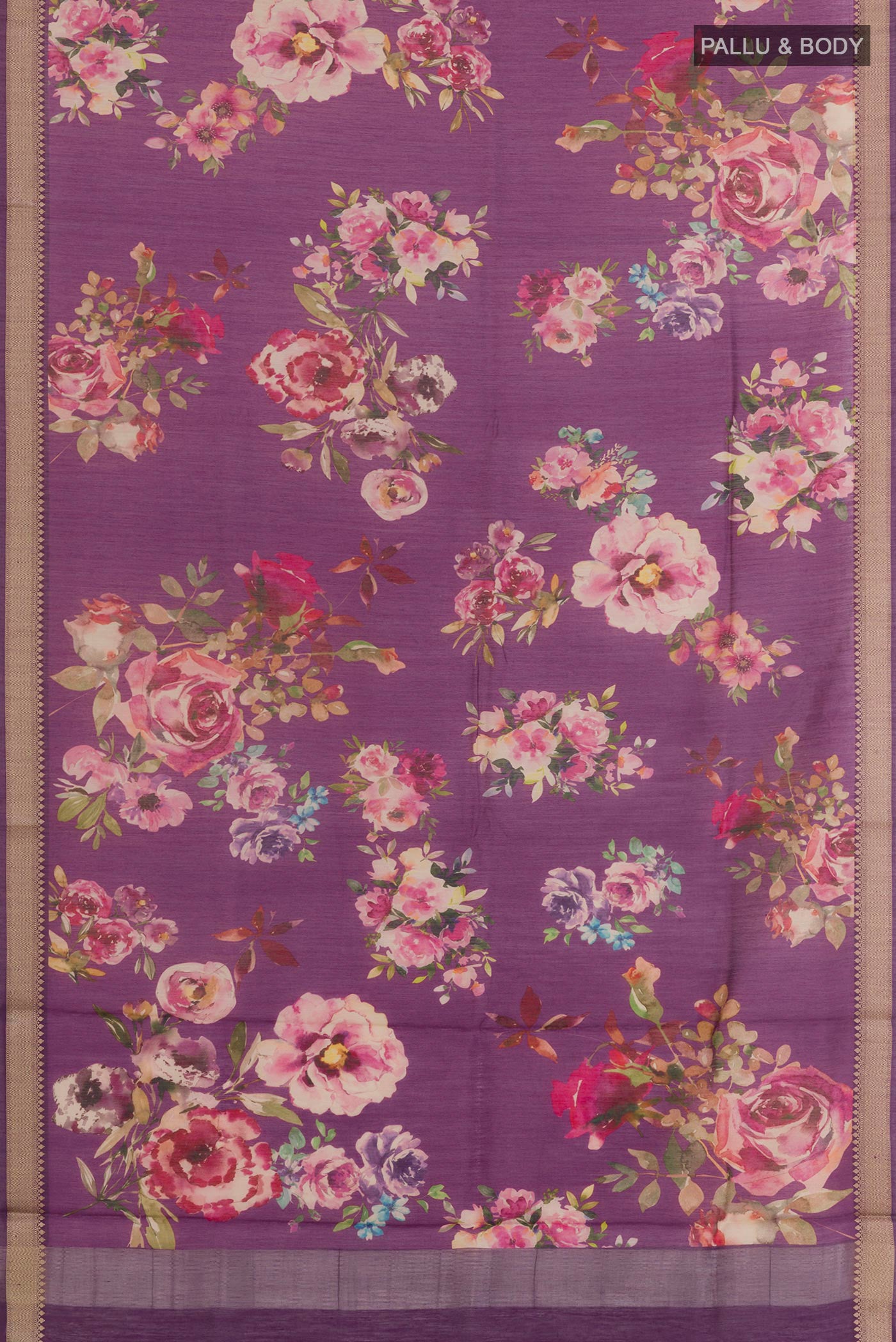 Flat view of Purple Tussar Saree with Printed design on the body and Zari Border. 