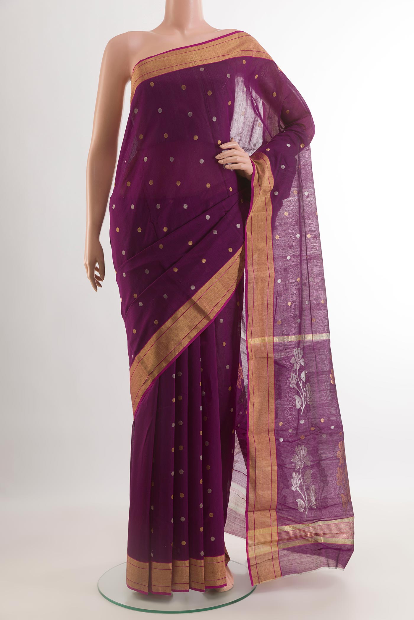 Purple Blended Chanderi Silk Cotton Saree with Zari Butta on the body and Zari Border.  displayed on a mannequin