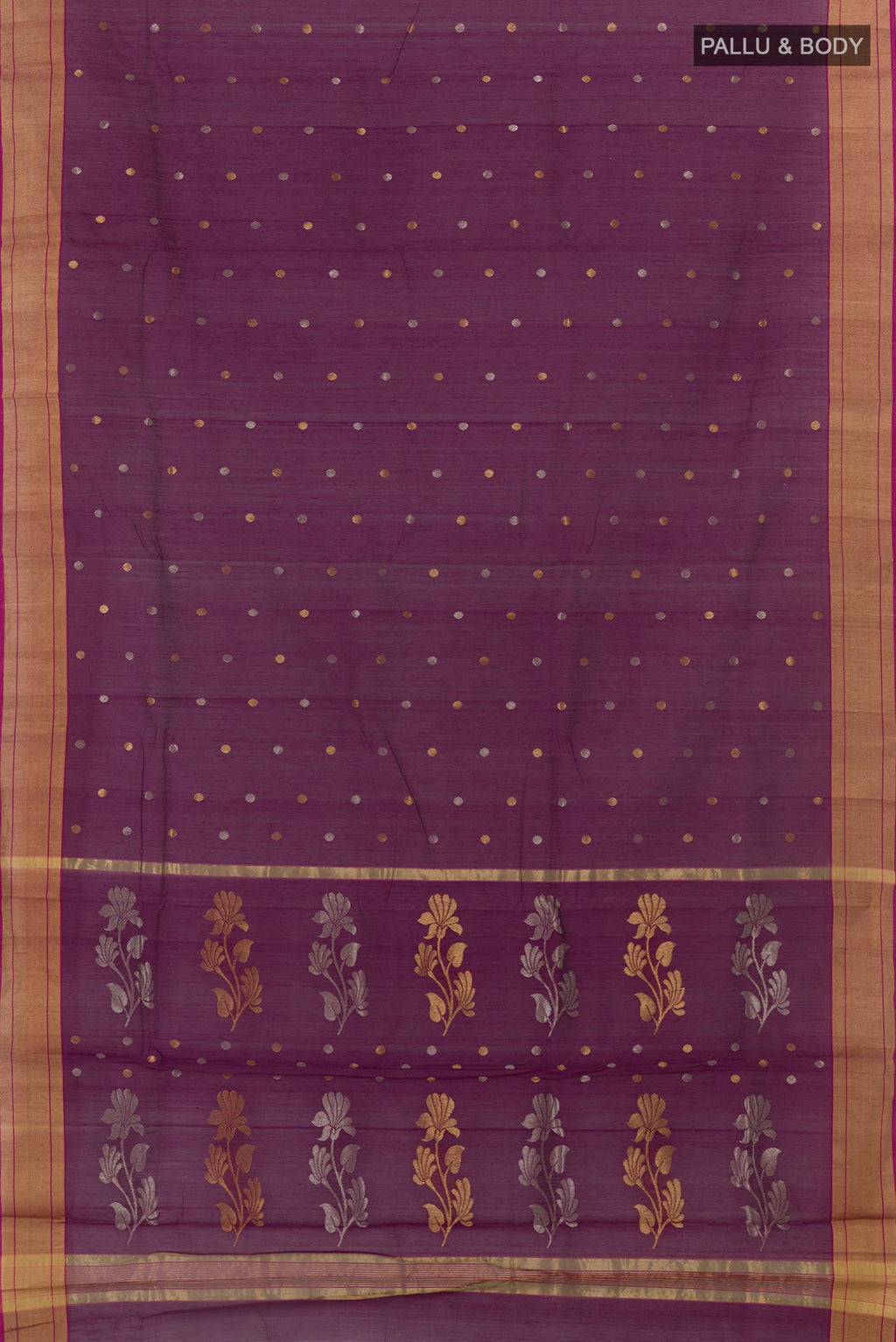 Flat view of Purple Blended Chanderi Silk Cotton Saree with Zari Butta on the body and Zari Border. 