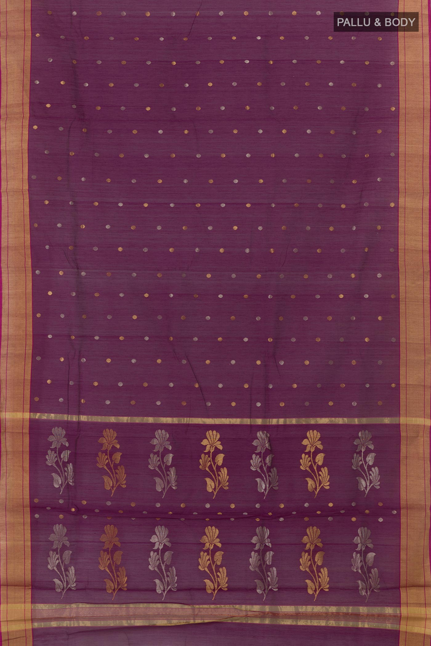 Flat view of Purple Blended Chanderi Silk Cotton Saree with Zari Butta on the body and Zari Border. 