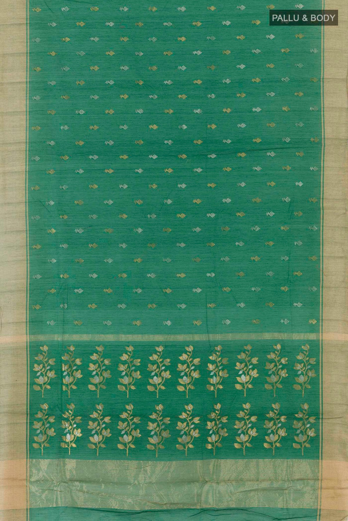 Flat view of Green Chanderi Silk Cotton Saree with Zari Butta on the body and Zari Border