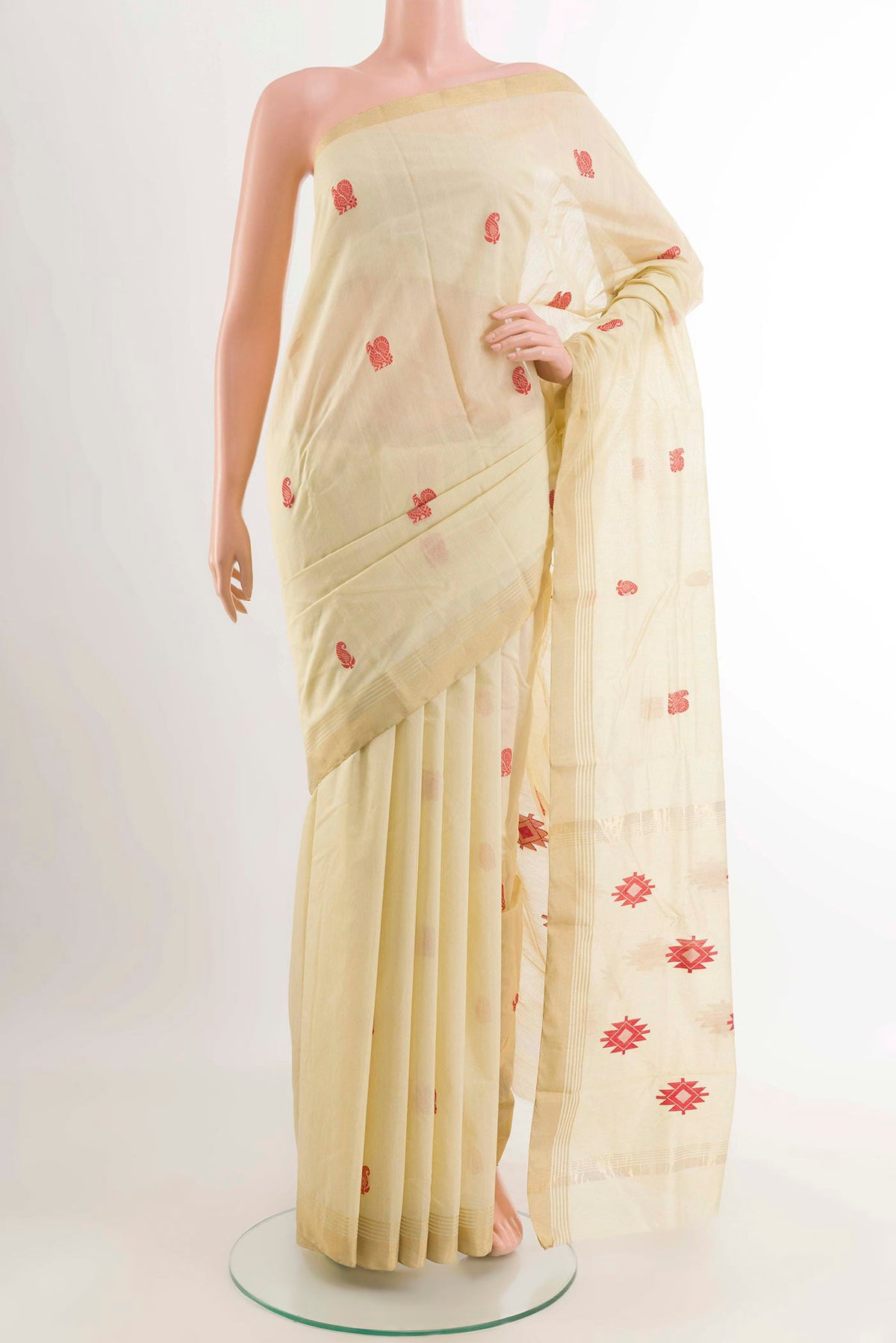 Lemon Yellow Chanderi Silk Cotton Saree with Thread Butta on the body and Zari Border displayed on a mannequin
