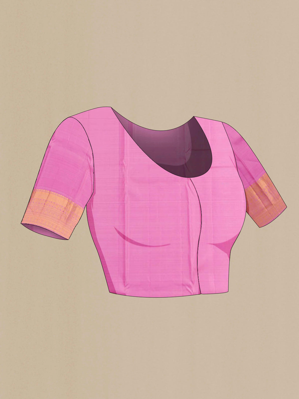 Close up image of the blouse of Pure Silk Pure Zari Pink Kanchipuram Saree with Zari Brocade on the body and Zari Border