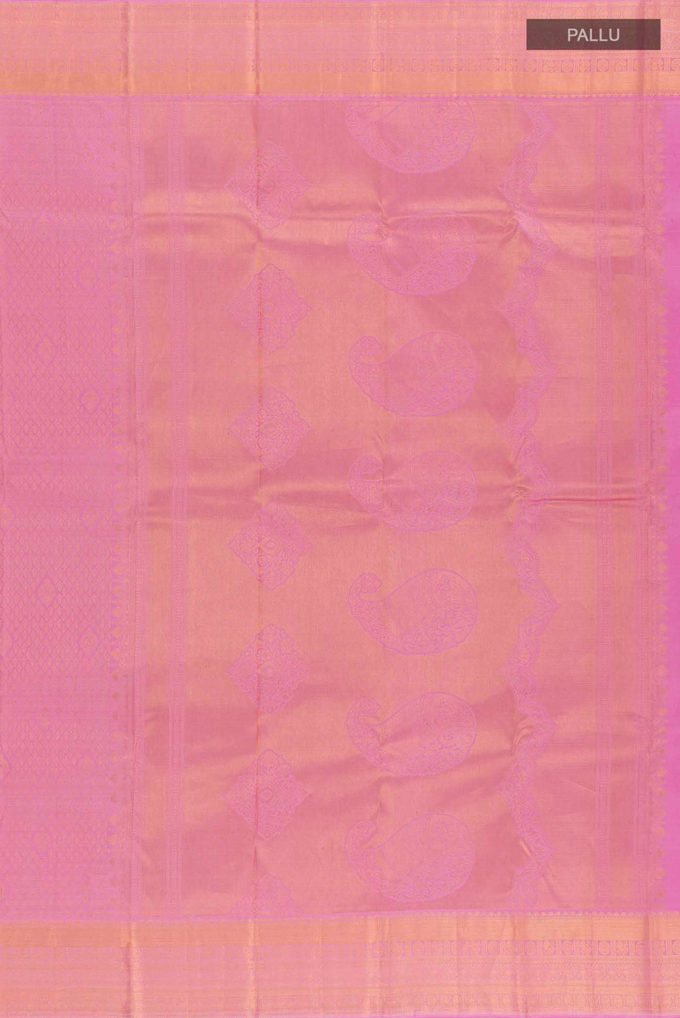 Close up image of the pallu of Pure Silk Pure Zari Pink Kanchipuram Saree with Zari Brocade on the body and Zari Border