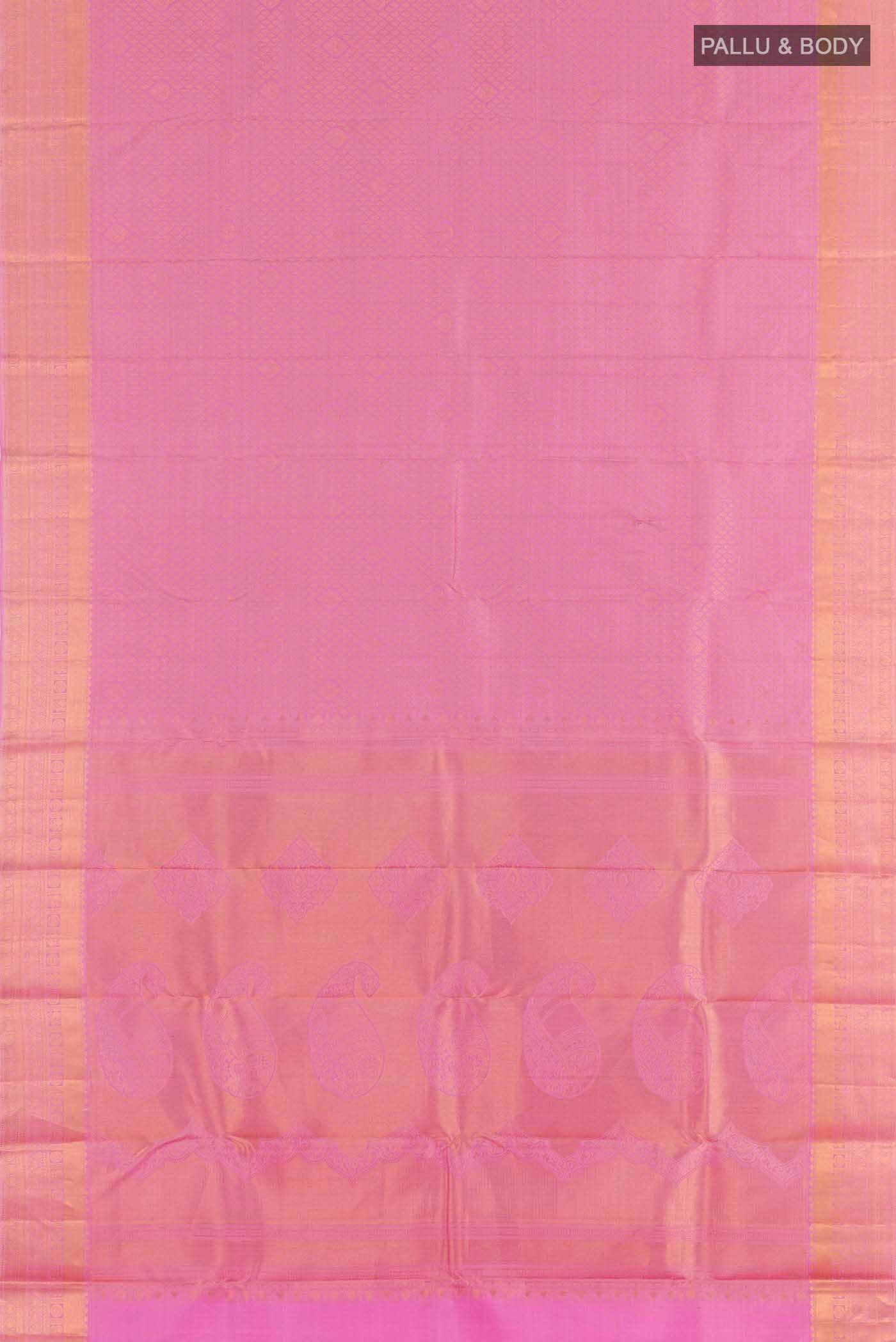 Flat view of Pure Silk Pure Zari Pink Kanchipuram Saree with Zari Brocade on the body and Zari Border
