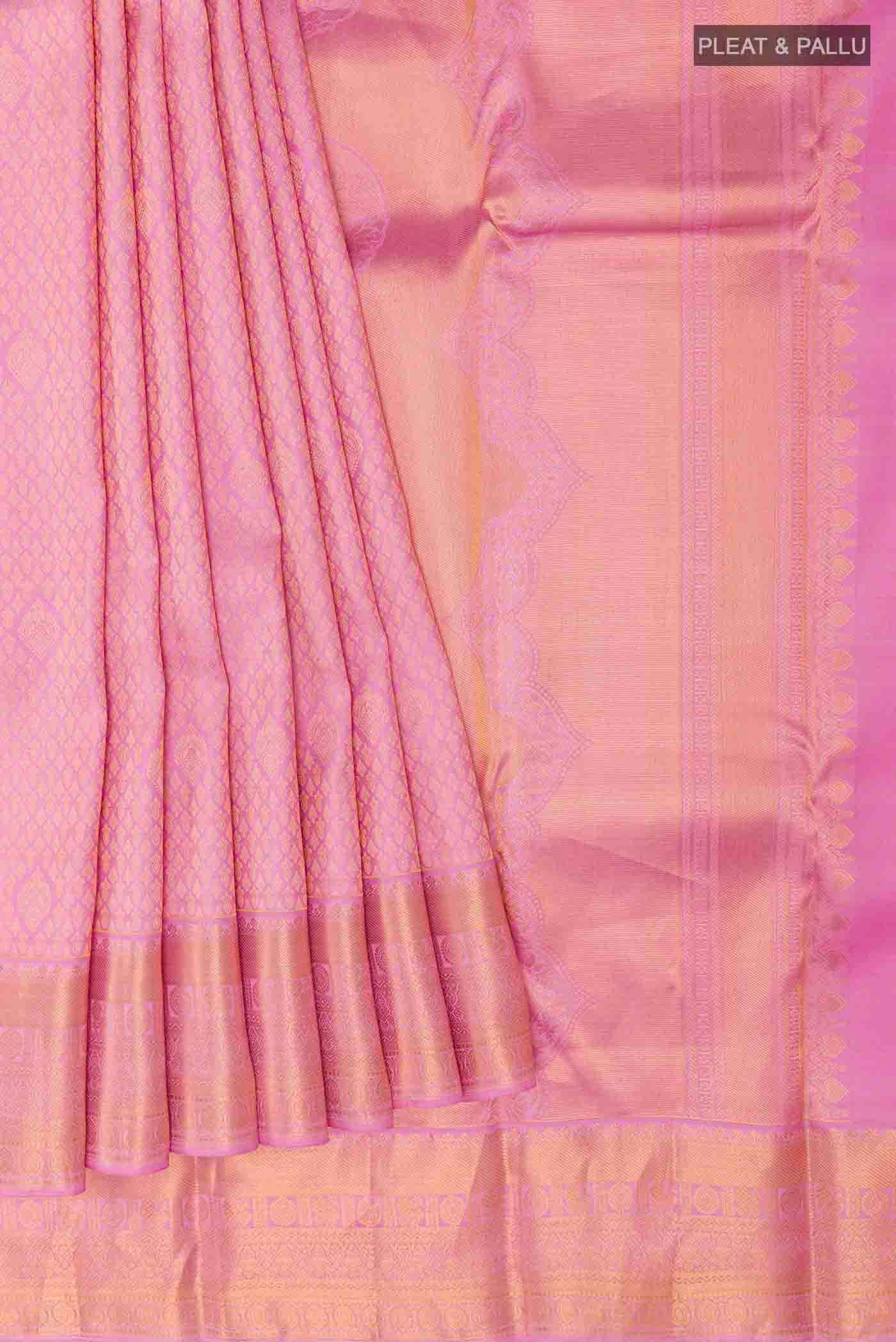 Pleats and pallu of Pure Silk Pure Zari Pink Kanchipuram Saree with Zari Brocade on the body and Zari Border