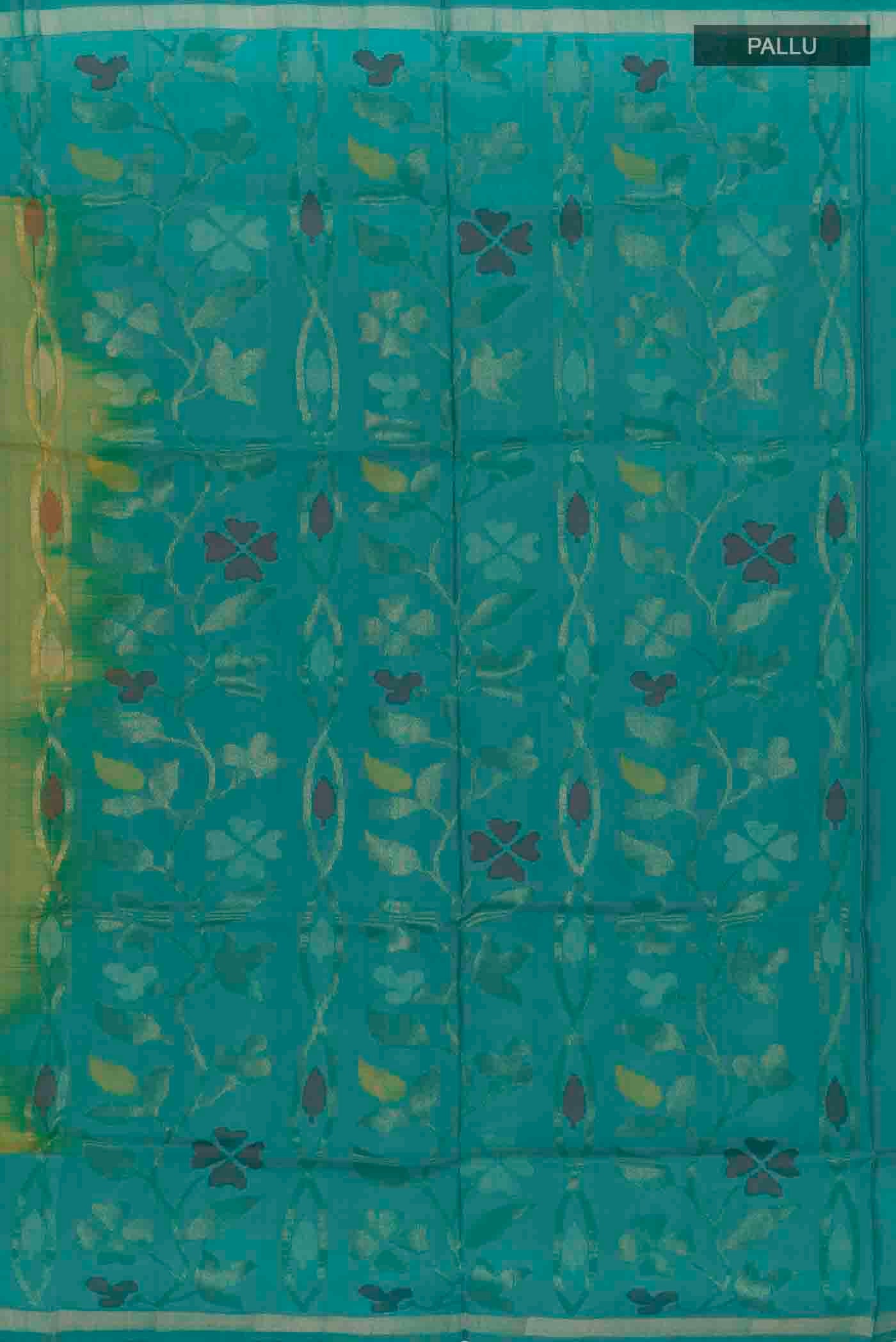 Close up image of the pallu of Green Uppada Silk Saree with Zari Butta on the body and Zari Border