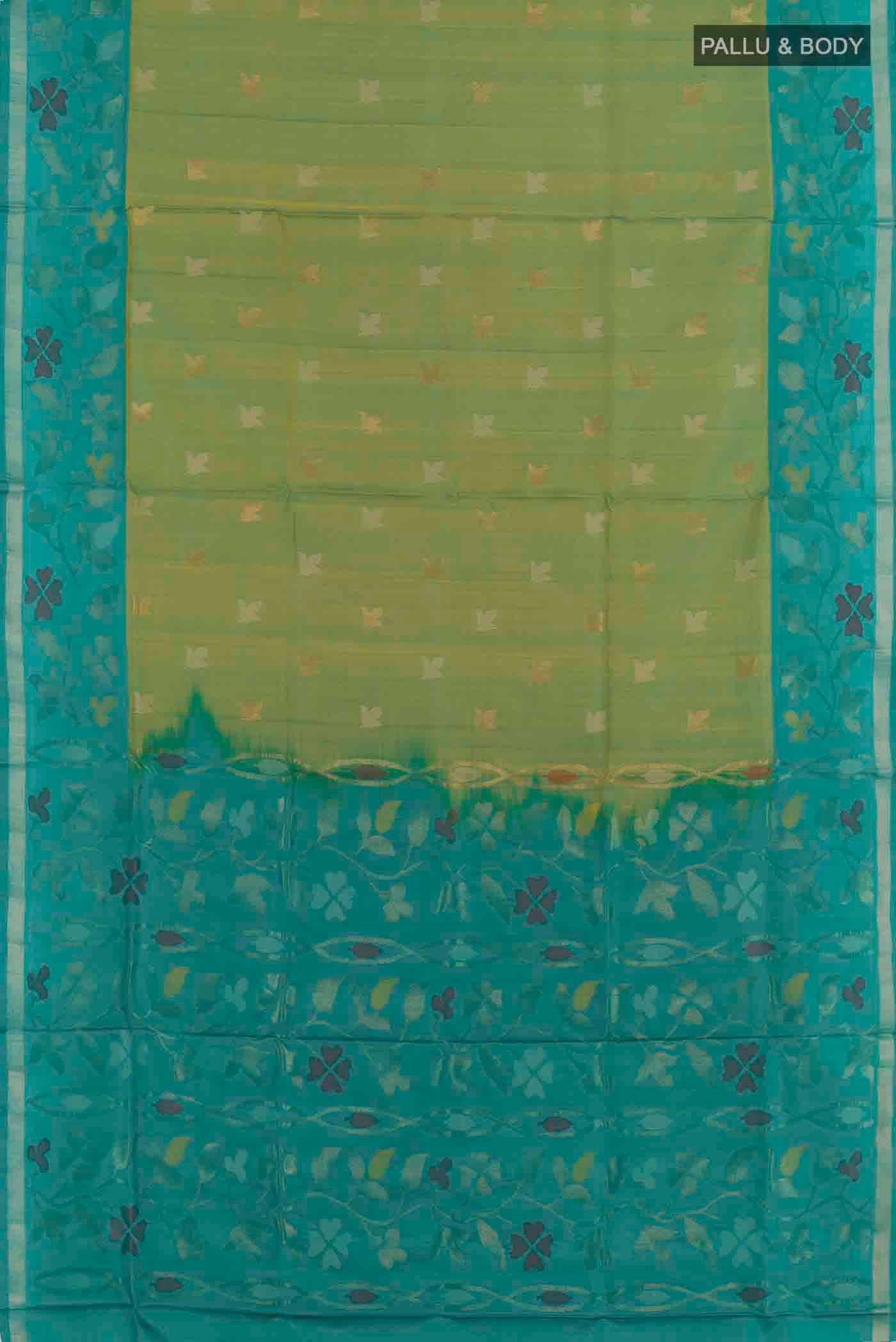 Flat view of Green Uppada Silk Saree with Zari Butta on the body and Zari Border