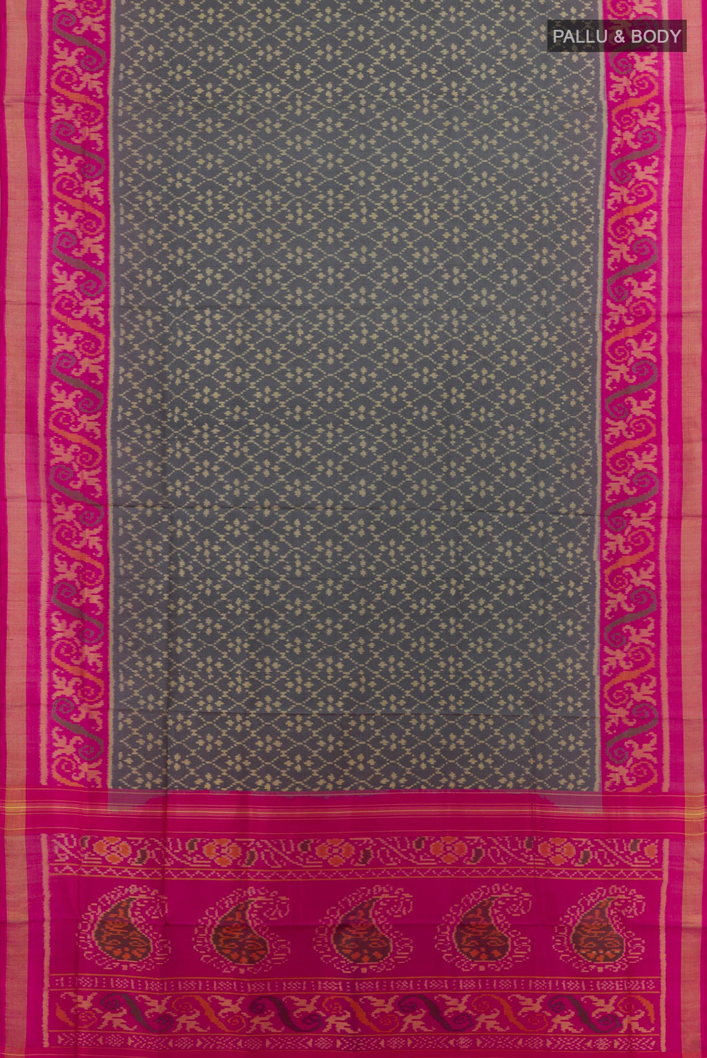 Flat view of Grey Rajkot Patola Silk Saree with Pure Ikat on the body and Zari Border. 