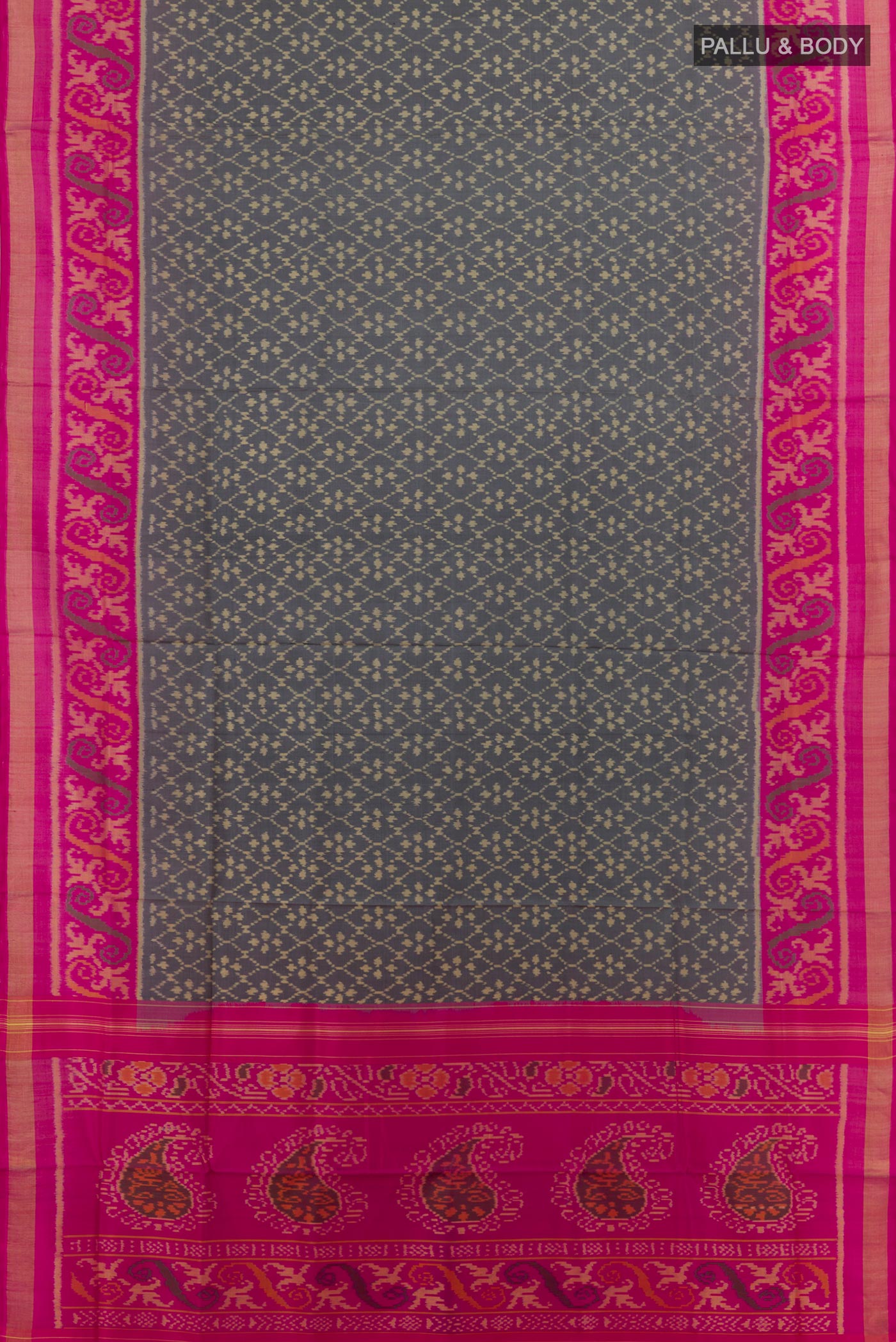 Flat view of Grey Rajkot Patola Silk Saree with Pure Ikat on the body and Zari Border. 