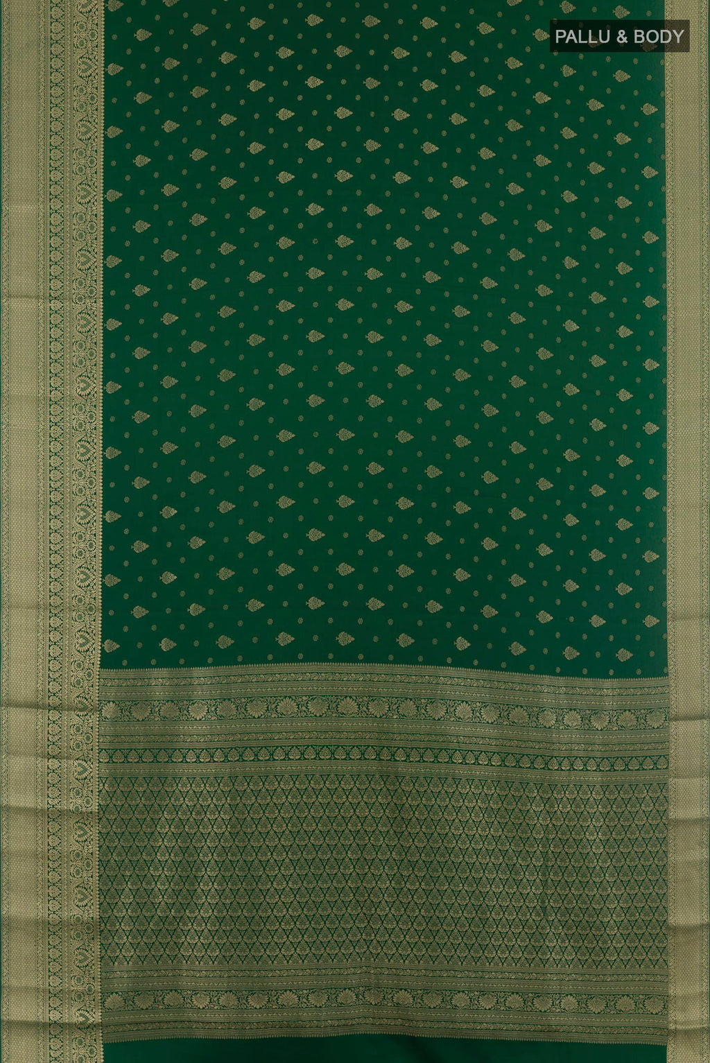 Flat view of Green Mysore Crepe Saree with Zari Butta on the body and Zari Border. 