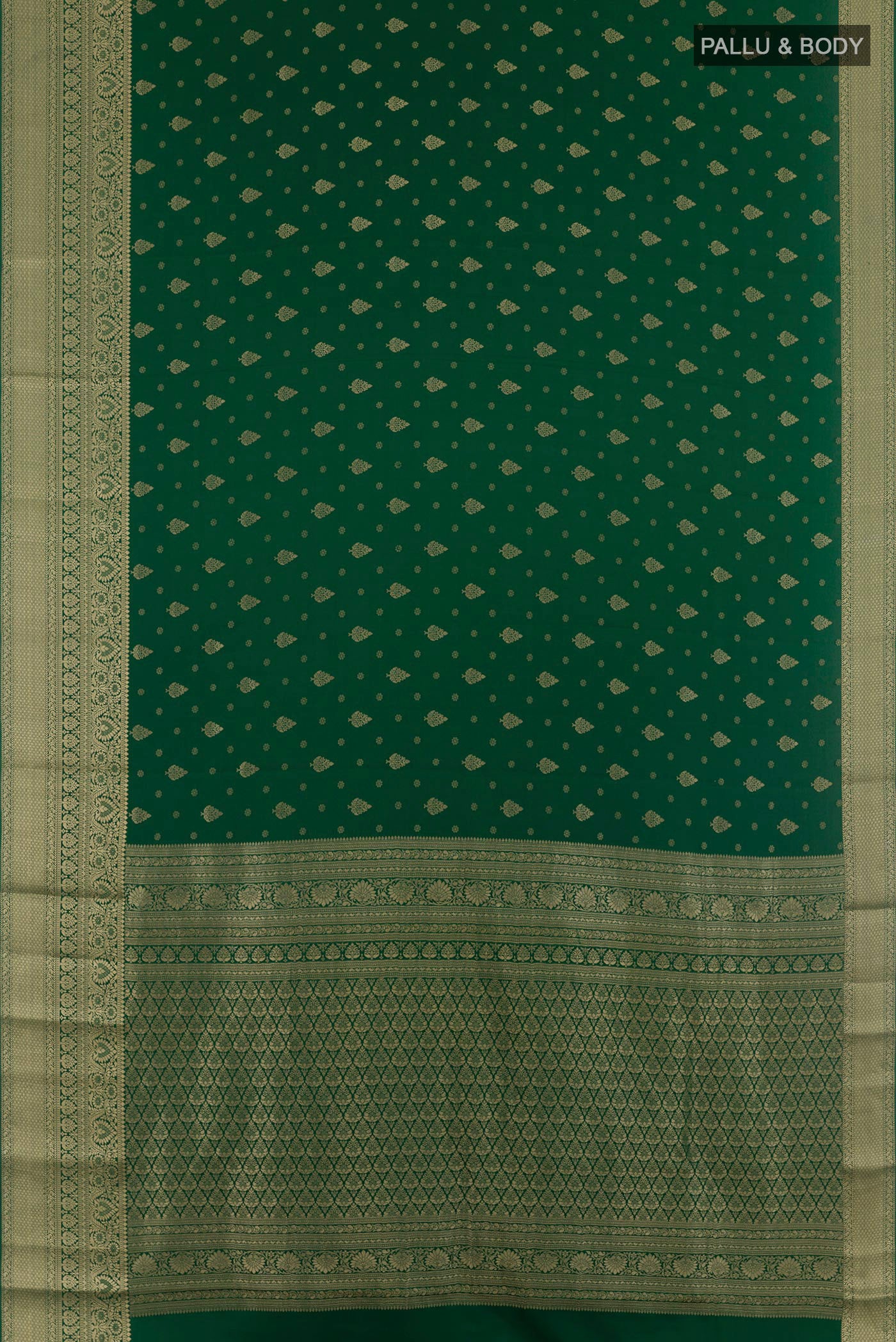 Flat view of Green Mysore Crepe Saree with Zari Butta on the body and Zari Border. 