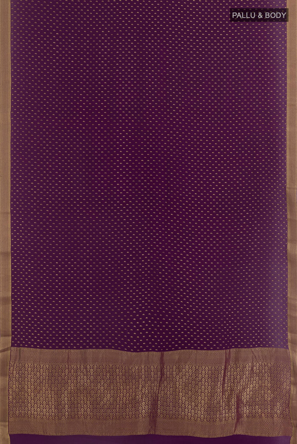 Flat view of Violet Mysore Crepe Saree with Zari Butta on the body and Zari Border. 