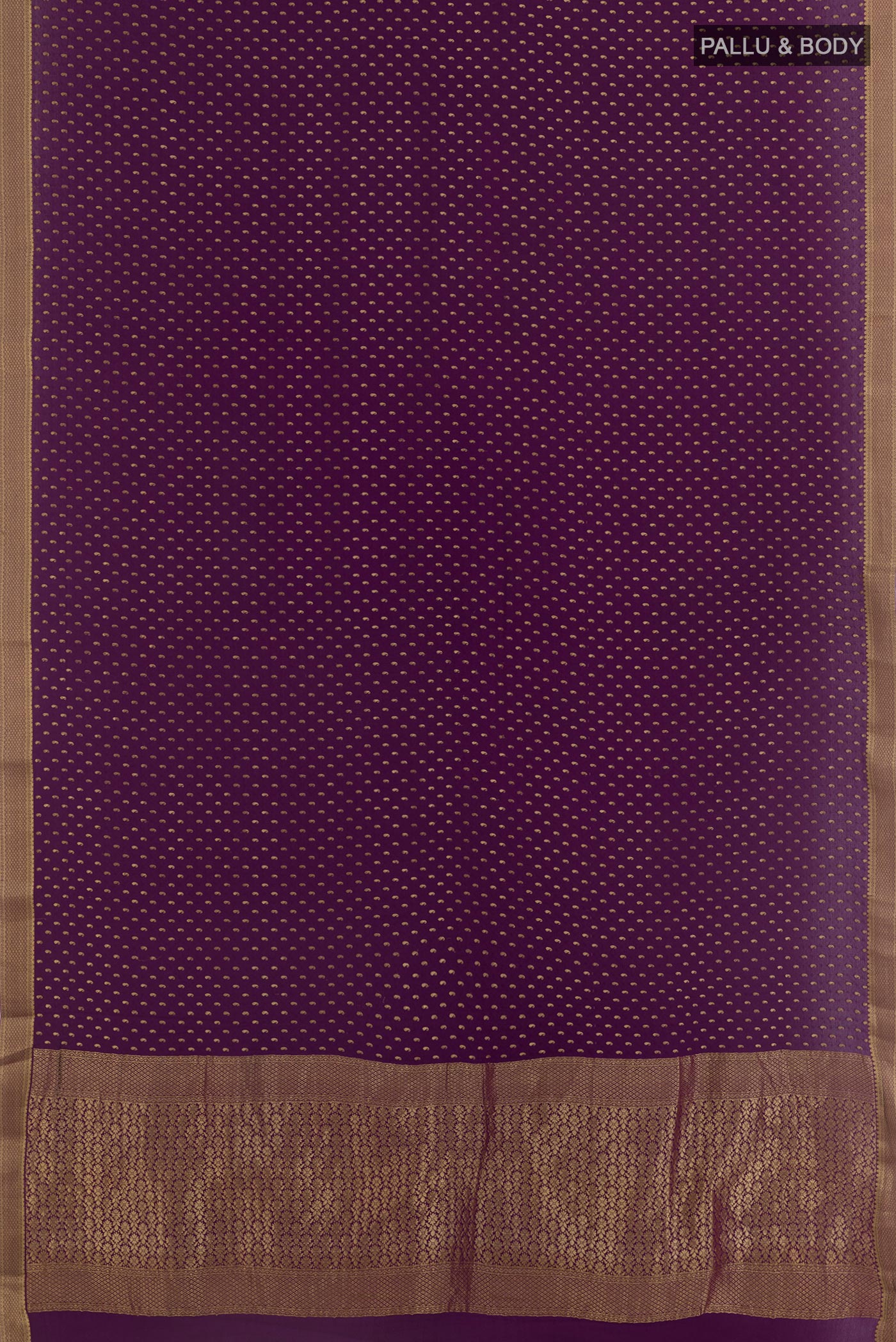 Flat view of Violet Mysore Crepe Saree with Zari Butta on the body and Zari Border. 