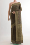 Davys Grey Mysore Crepe Saree with Zari Butta on the body and Zari Border.  displayed on a mannequin