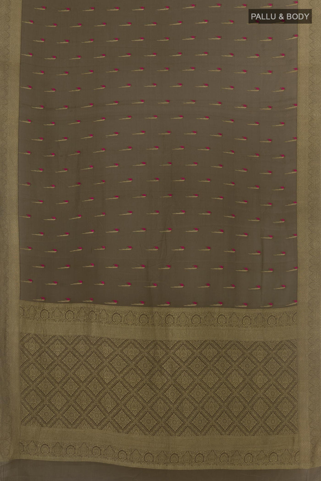 Flat view of Davys Grey Mysore Crepe Saree with Zari Butta on the body and Zari Border. 