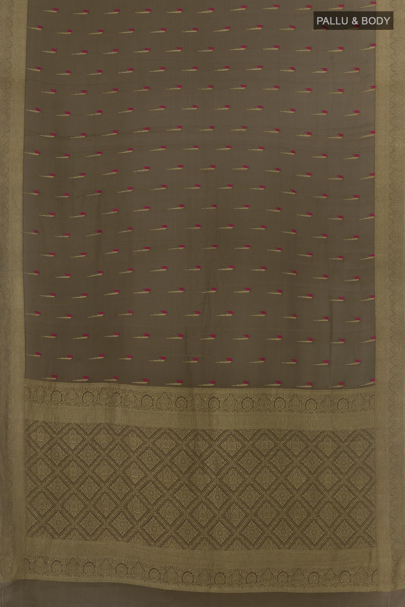 Flat view of Davys Grey Mysore Crepe Saree with Zari Butta on the body and Zari Border. 