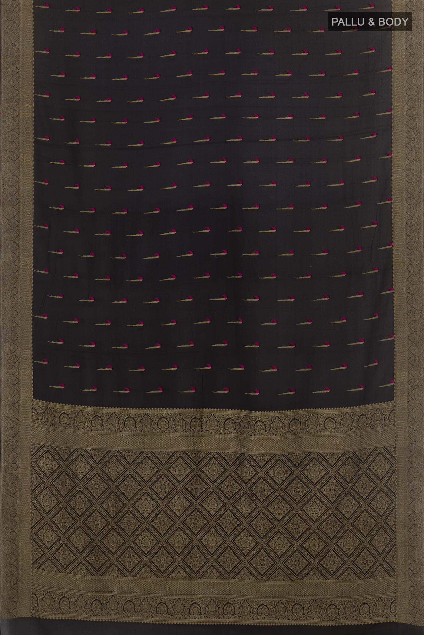 Flat view of Black Mysore Crepe Saree with Zari Butta on the body and Zari Border. 