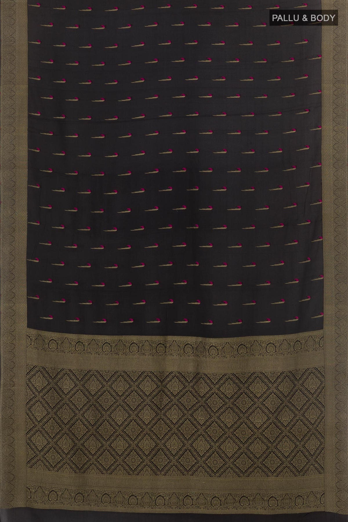 Flat view of Black Mysore Crepe Saree with Zari Butta on the body and Zari Border. 