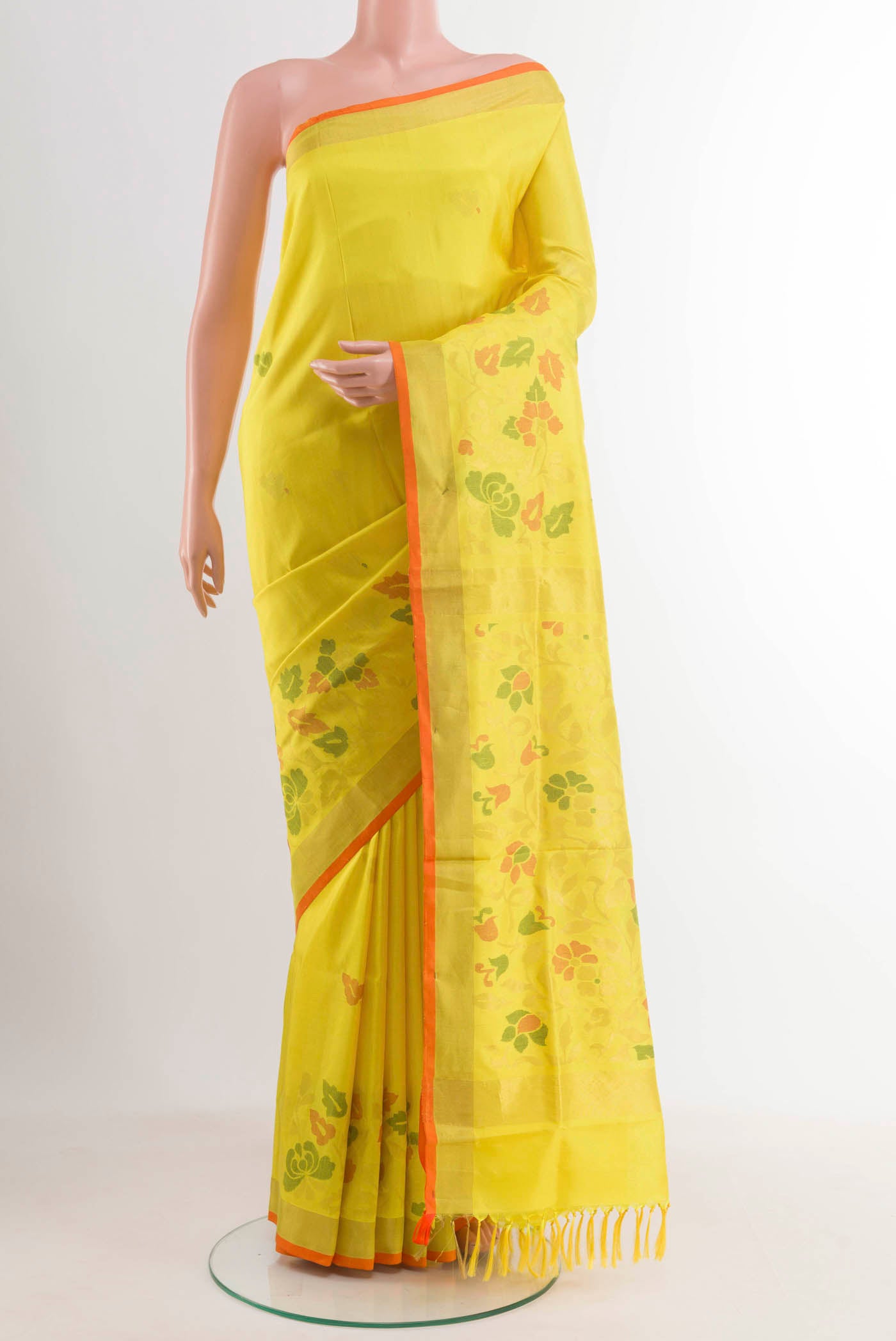 Yellow Uppada Silk Saree with Zari Butta on the body and Zari Border displayed on a mannequin