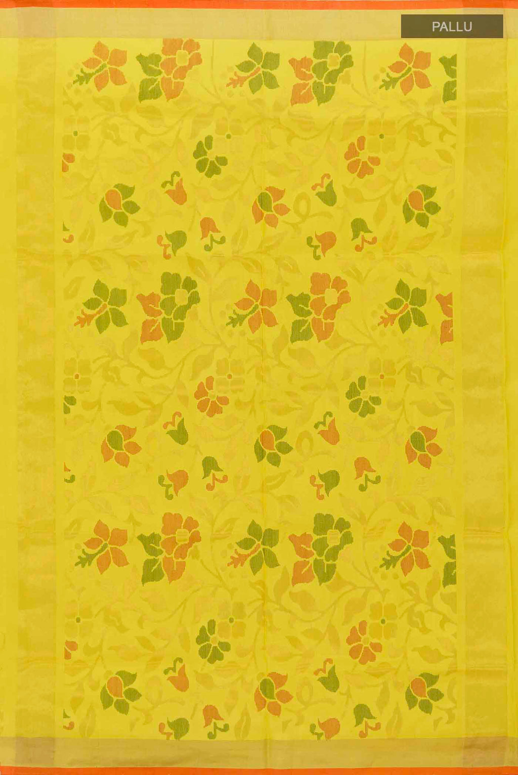 Close up image of the pallu of Yellow Uppada Silk Saree with Zari Butta on the body and Zari Border