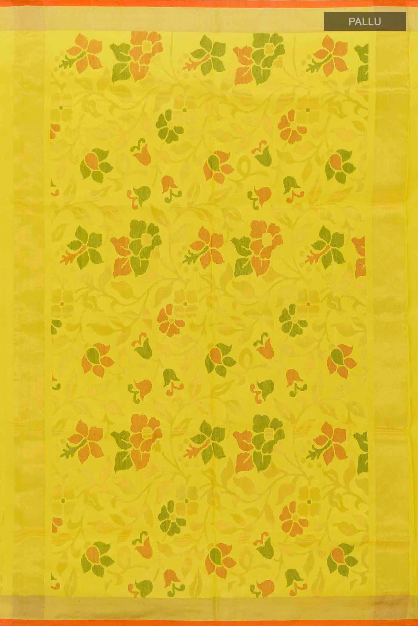 Close up image of the pallu of Yellow Uppada Silk Saree with Zari Butta on the body and Zari Border