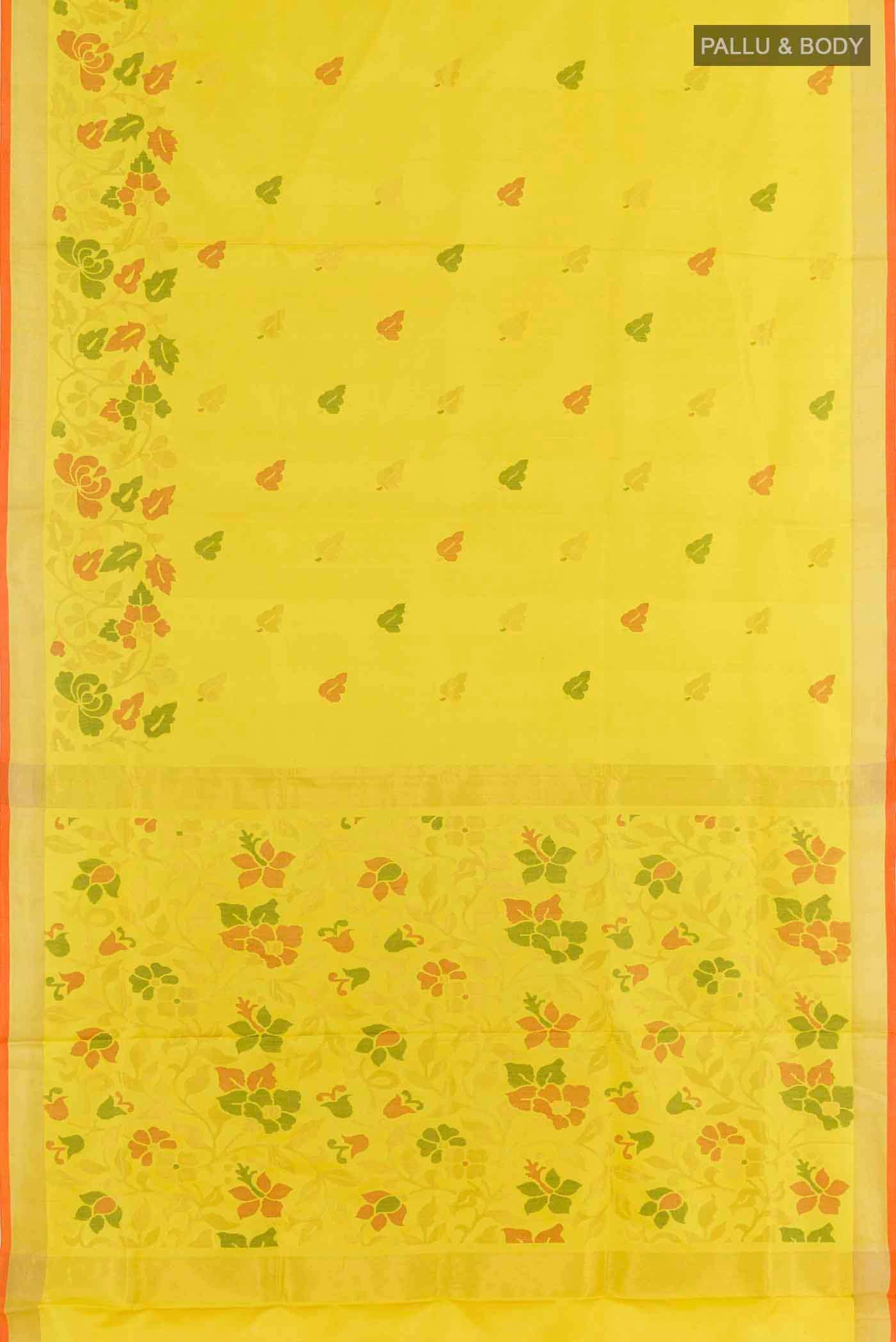 Flat view of Yellow Uppada Silk Saree with Zari Butta on the body and Zari Border