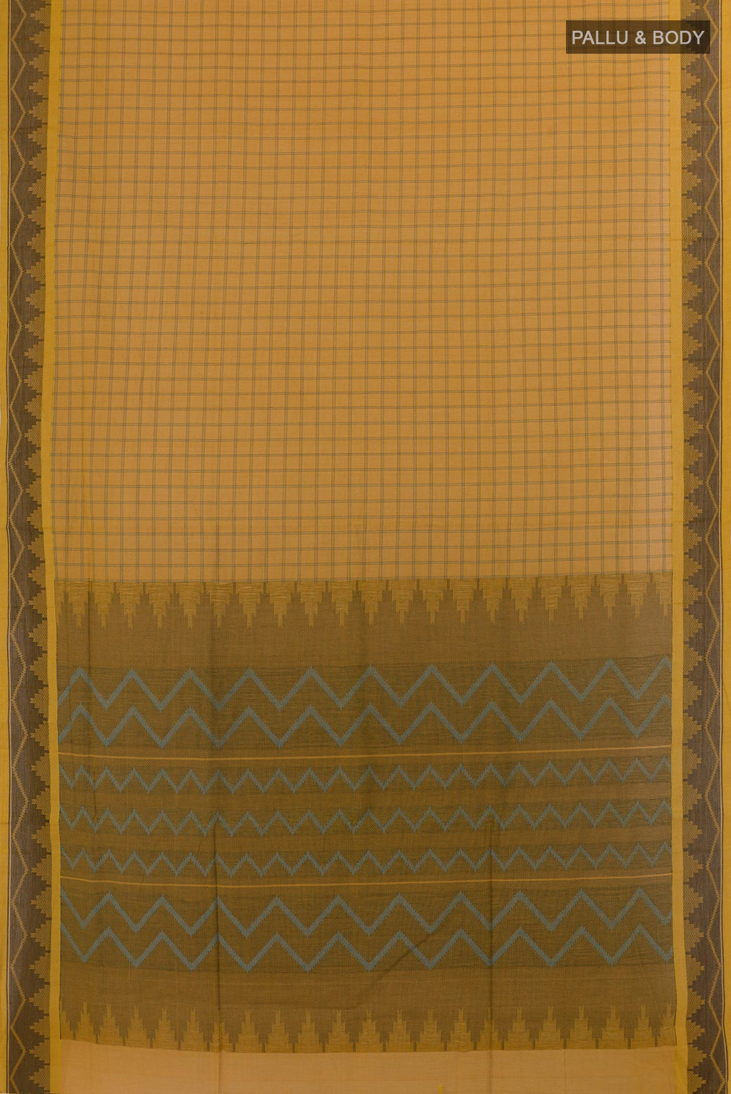 Flat view of Yellow Coimbatore Cotton Saree with Checked design on the body and Thread Border. 