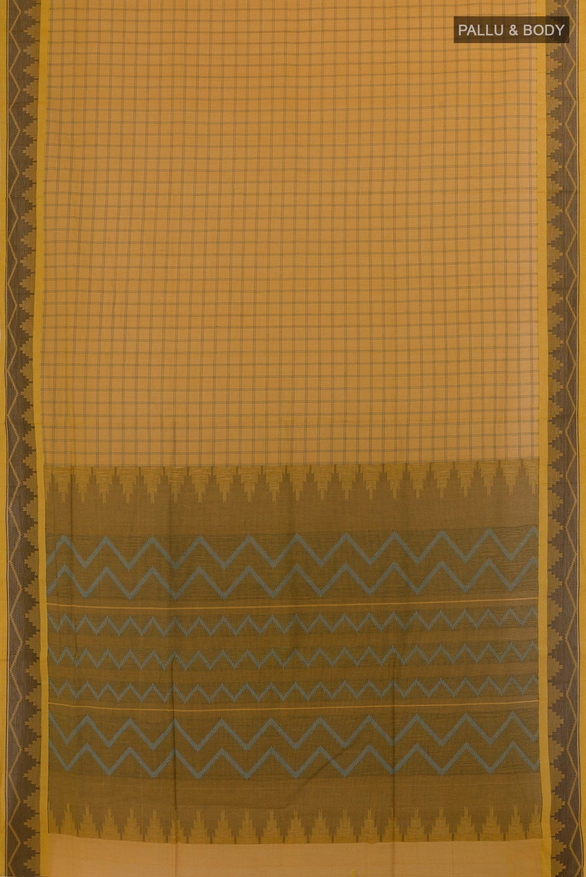 Flat view of Yellow Coimbatore Cotton Saree with Checked design on the body and Thread Border. 