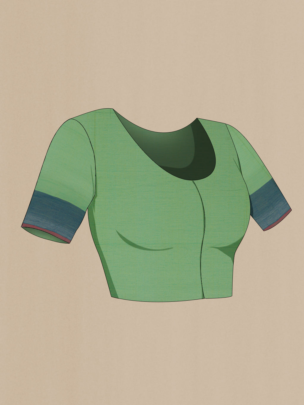 Close up image of the blouse of Light Green Coimbatore Cotton Saree with Plain Body and Thread Border. 