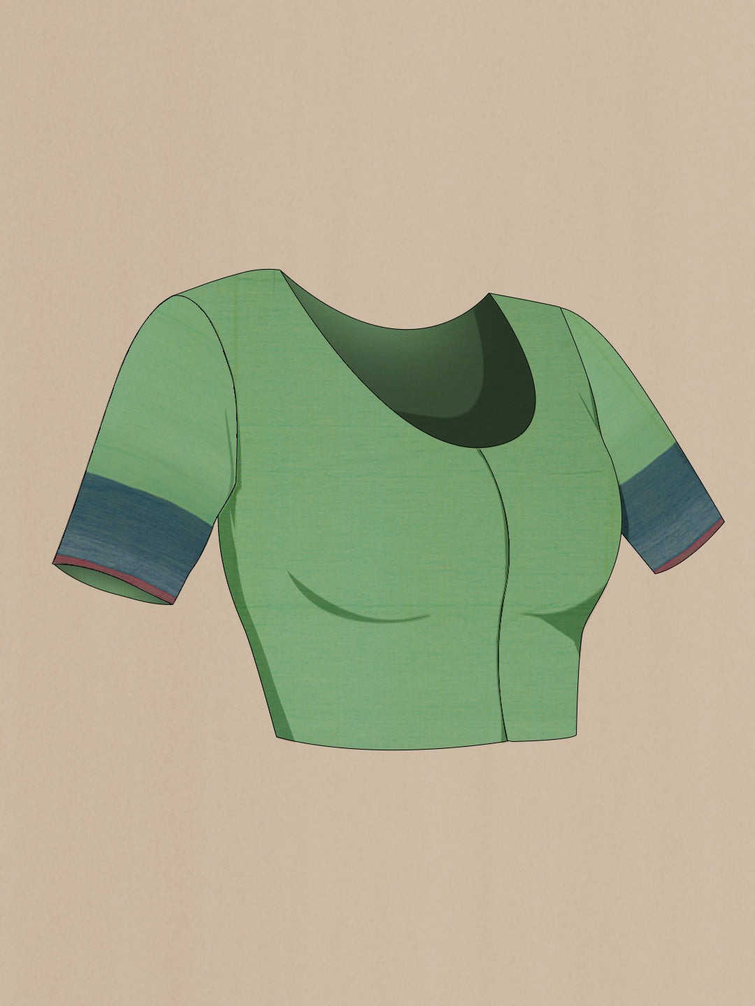 Close up image of the blouse of Light Green Coimbatore Cotton Saree with Plain Body and Thread Border. 