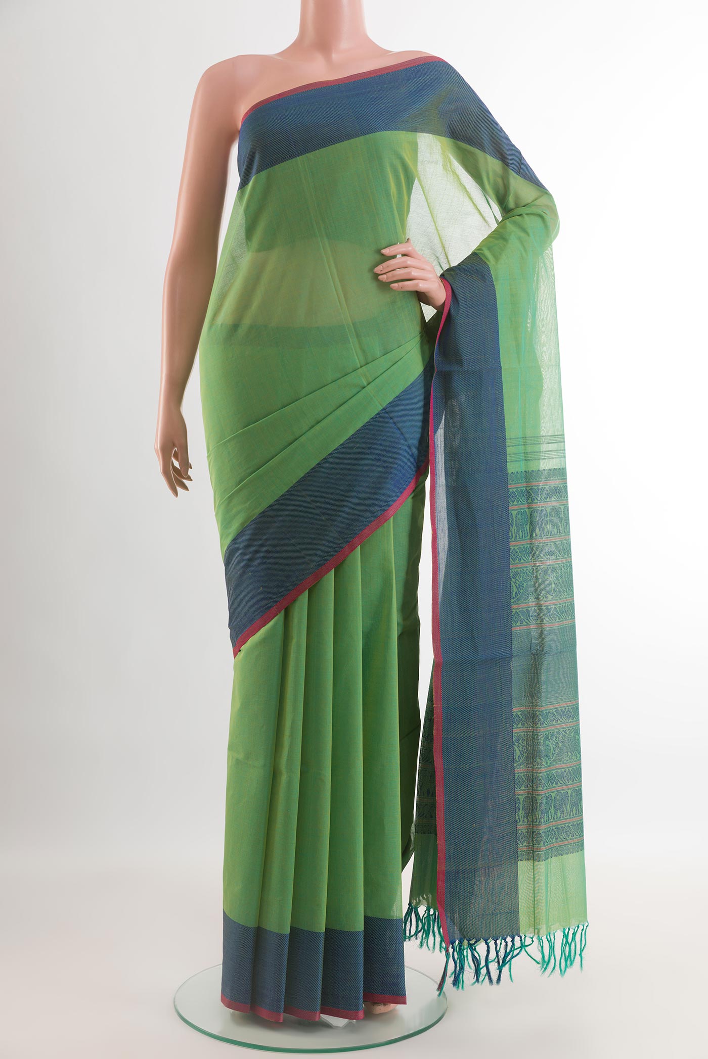Light Green Coimbatore Cotton Saree with Plain Body and Thread Border.  displayed on a mannequin
