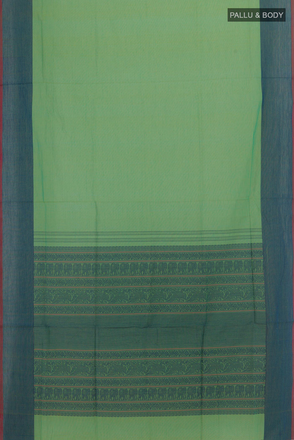Flat view of Light Green Coimbatore Cotton Saree with Plain Body and Thread Border. 