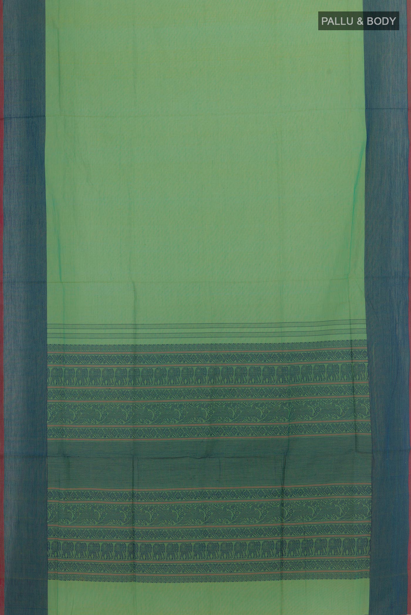 Flat view of Light Green Coimbatore Cotton Saree with Plain Body and Thread Border. 