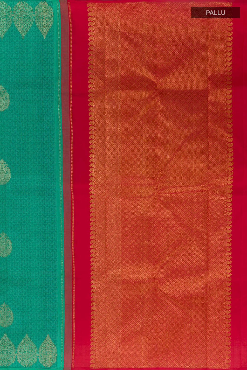 Close up image of the pallu of Sea Green Kanjivaram Silk Saree with Jacquard With Zari Butta on the body and Zari Border. 