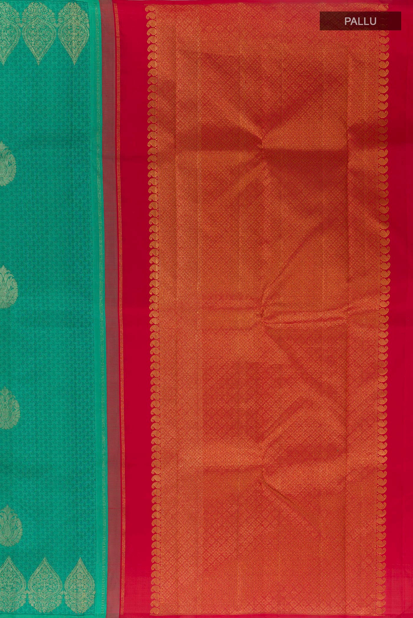 Close up image of the pallu of Sea Green Kanjivaram Silk Saree with Jacquard With Zari Butta on the body and Zari Border. 
