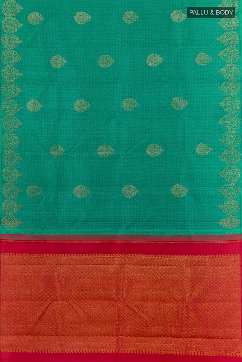 Flat view of Sea Green Kanjivaram Silk Saree with Jacquard With Zari Butta on the body and Zari Border. 