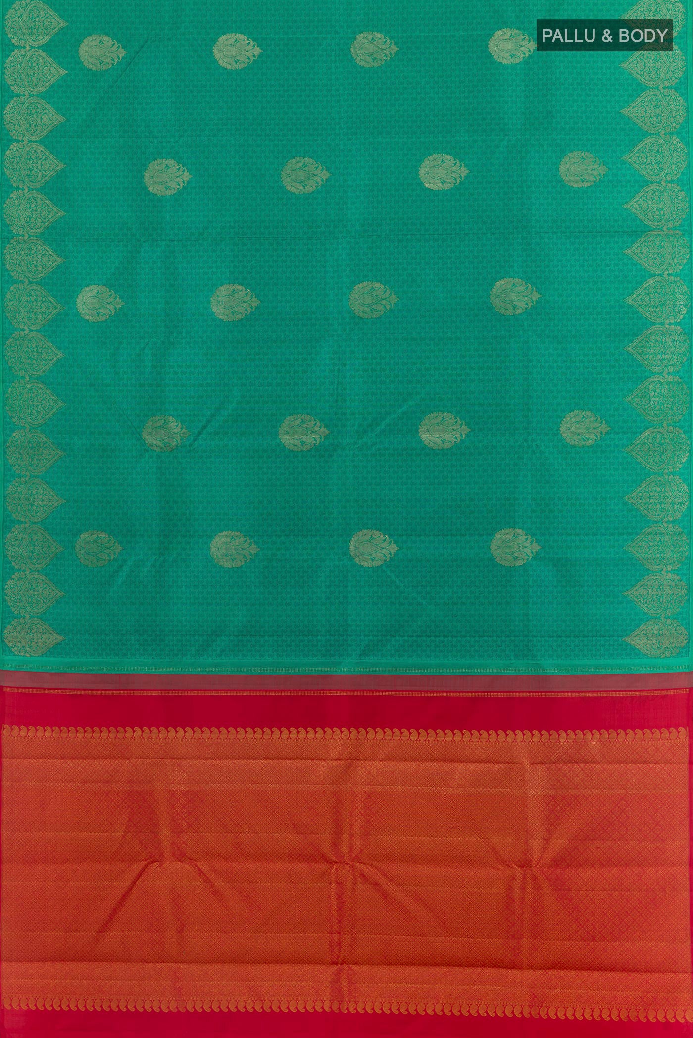 Flat view of Sea Green Kanjivaram Silk Saree with Jacquard With Zari Butta on the body and Zari Border. 