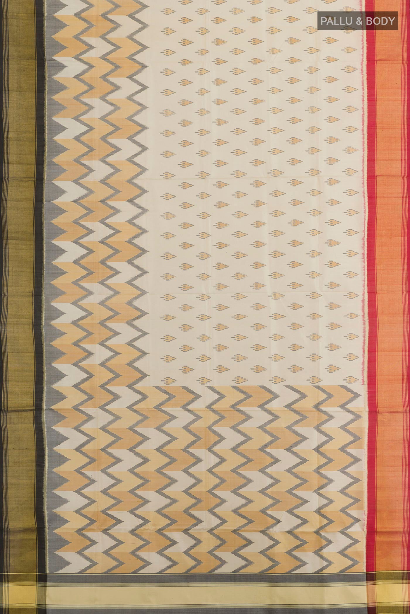 Flat view of Cream Rajkot Patola Silk Saree with Pure Ikat on the body and Ganga Jamuna Border. 