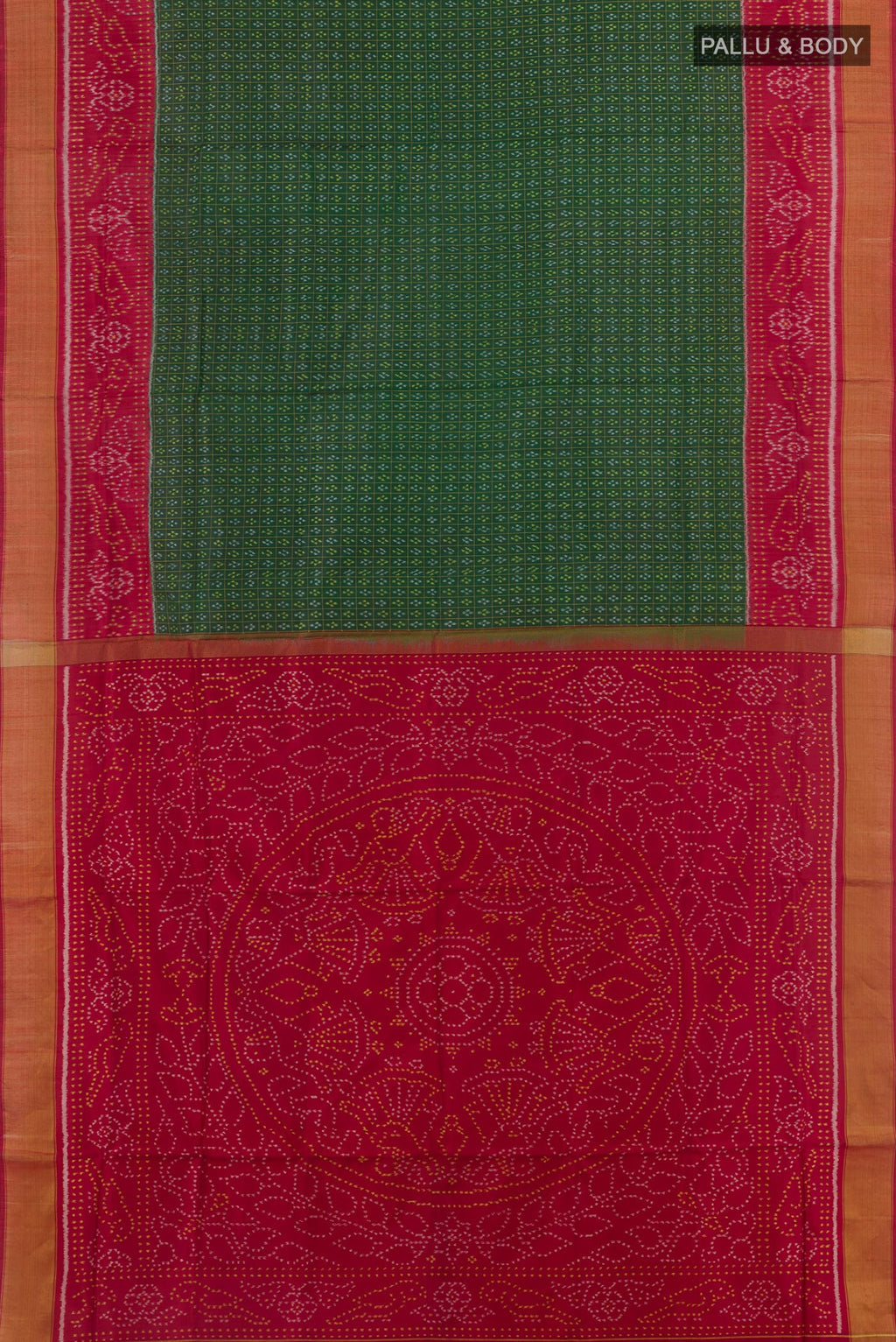 Flat view of Green Rajkot Patola Silk Saree with Pure Ikat on the body and Ikat Border. 